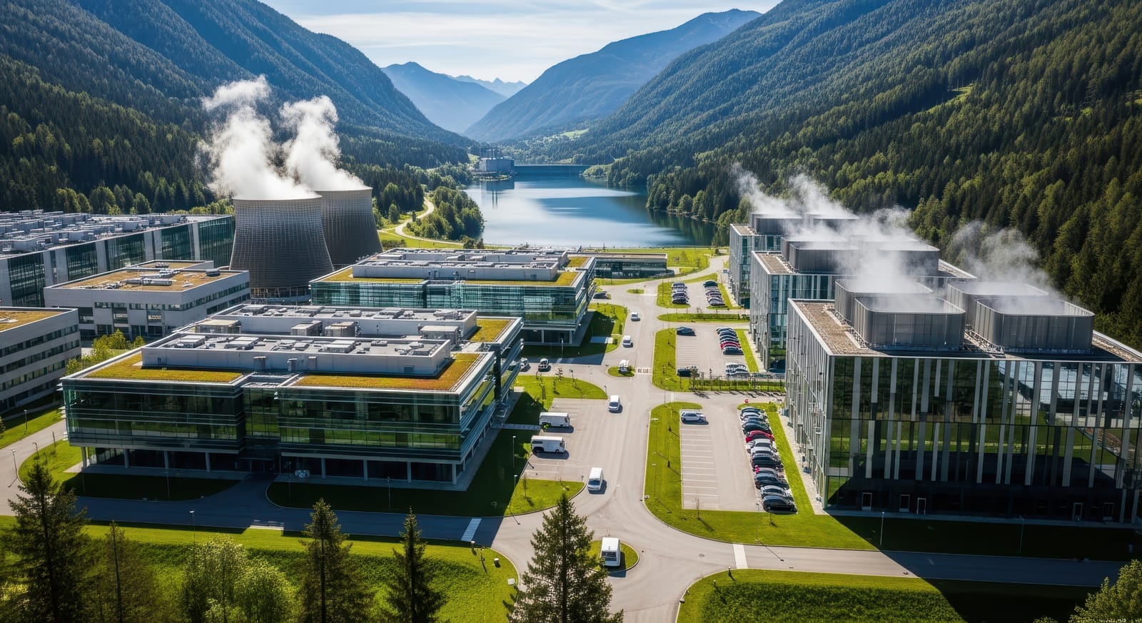99638090 modern data center campus with cooling towers and hydroelectric dam in mountain valley
