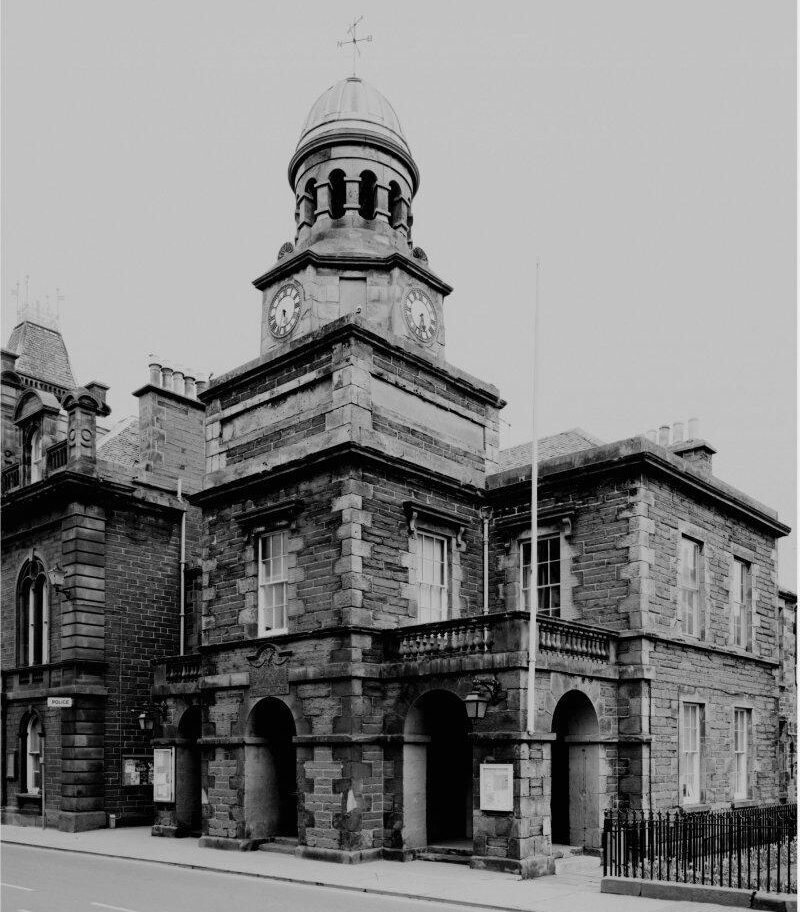 Wick — Royal Bank of Scotland, 1 Bridge Street The former Royal Bank of Scotland at 1 Bridge Street, Wick, a monumental stone banking building whose clock tower still dominates the