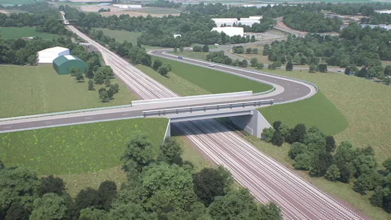 CGI showing the proposed Dunfermline Northern Link Road, which will be delivered in phases and includes a bridge over the Fife Circle railway line. Image credit: Fife Council /