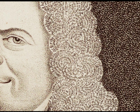 Detail from Matthias Buchinger’s celebrated micrographic self portrait. The curls of his hair are formed from minute handwritten passages of biblical text, including the Lord’s